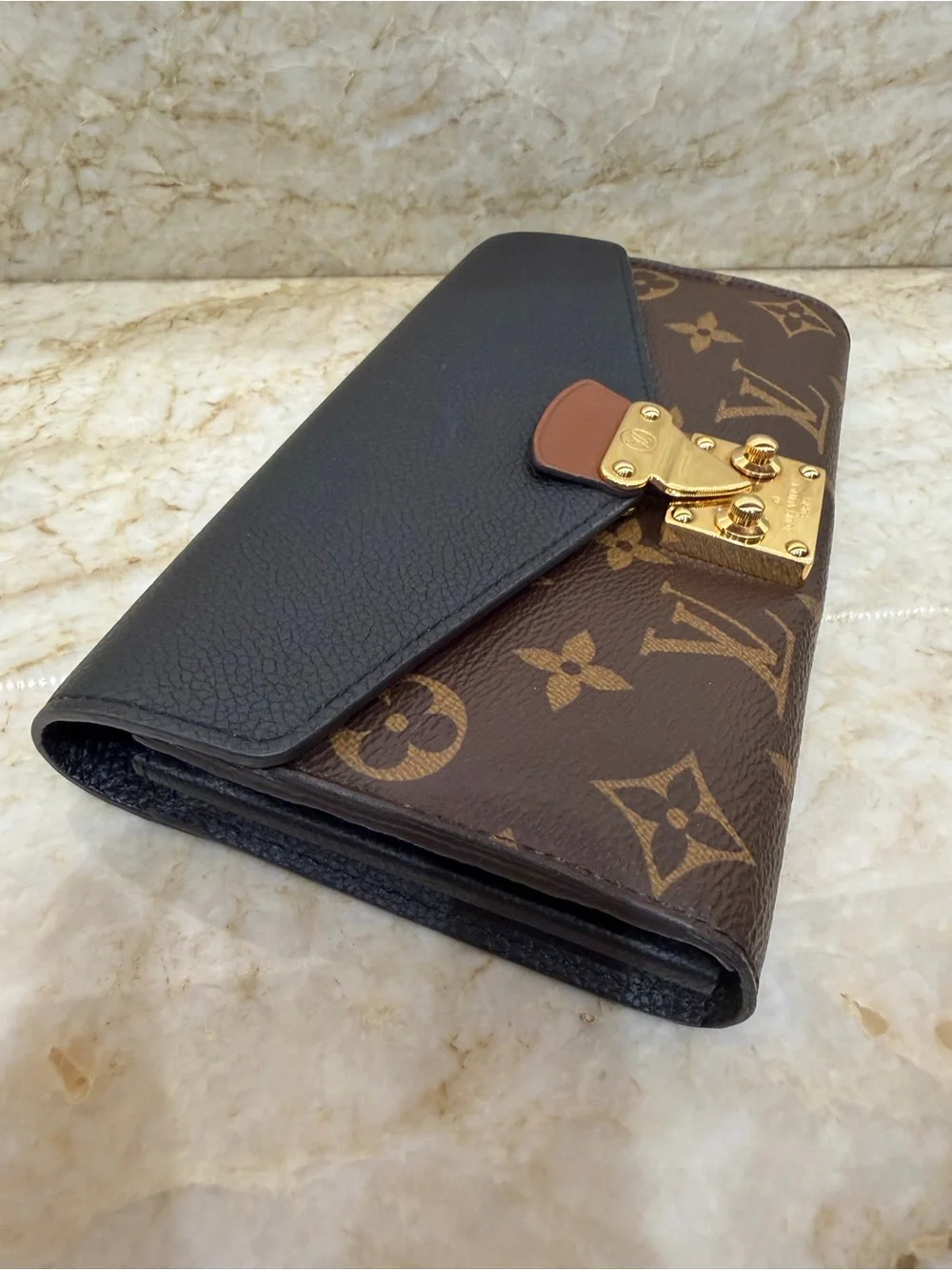 Louis Vuitton Brown Monogram & Black Leather wallet with Gold Hardware - Picture 4 of 6